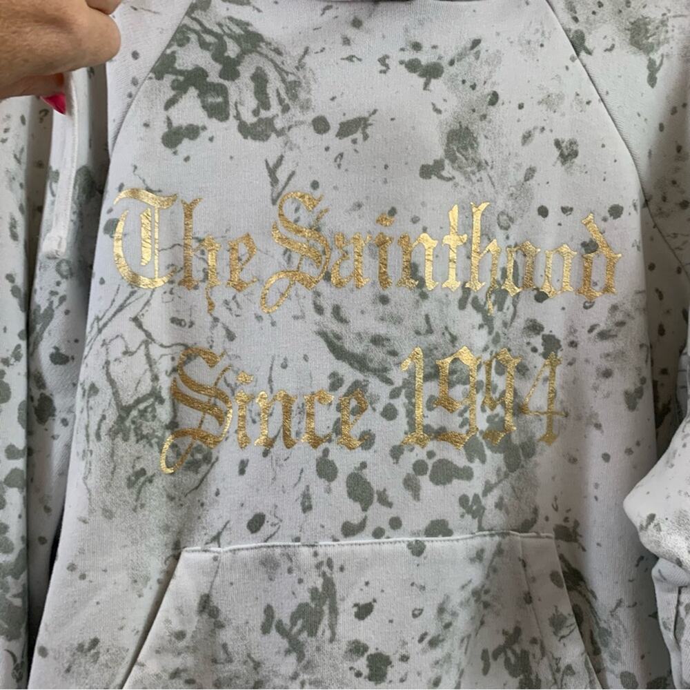 All Saints White and Gray Paint Splatter with Gold Logo Sweatshirt Hoodie - Picture 3 of 10
